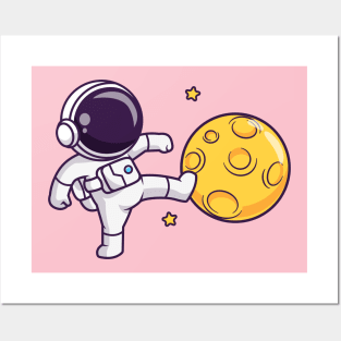 Cute Astronaut Kick Moon Cartoon Posters and Art